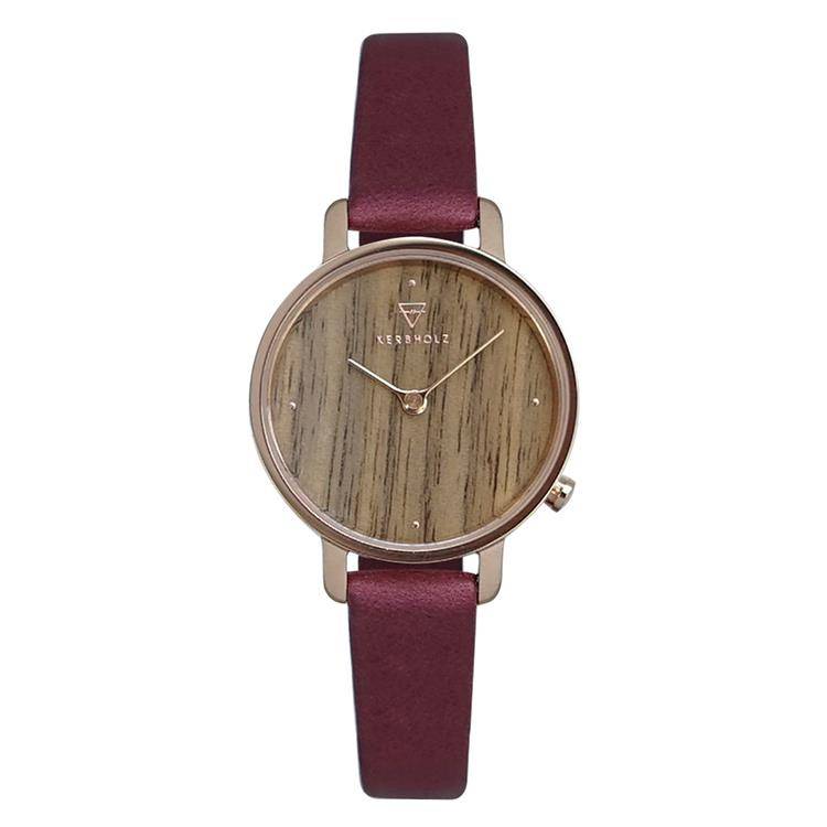 Kerbholz Emma 4251240411675 Walnoothout Dameshorloge XL 30mm met walnoothouten wijzerplaat en bordeauxrode leren band. Elegant horloge voor dames.