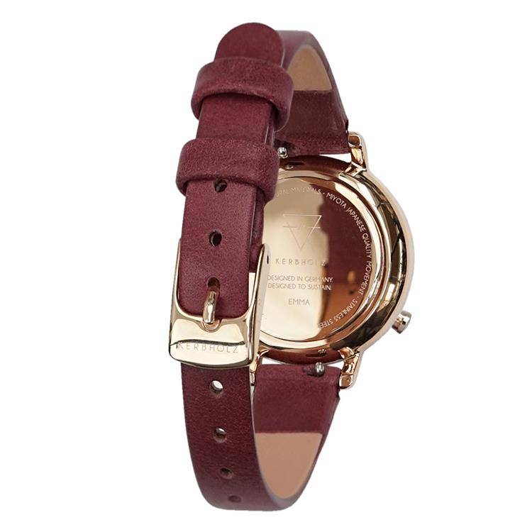 Kerbholz Emma 4251240411675 Walnoothout Dameshorloge XL 30mm met walnoothouten wijzerplaat en bordeauxrode leren band. Elegant horloge voor dames.