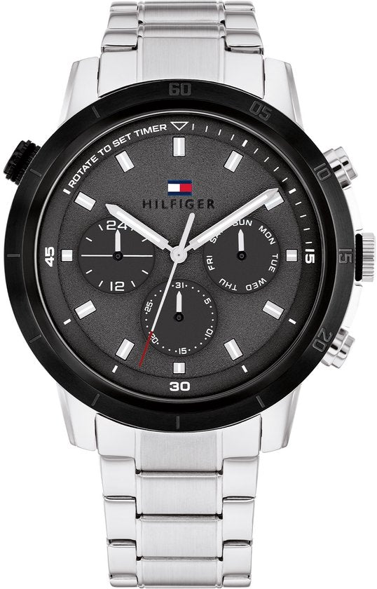 Tommy Hilfiger TH1792106 Troy Herenhorloge 46mm met zilverkleurige schakelband en zwarte wijzerplaat, ideaal voor stijlvolle mannen.