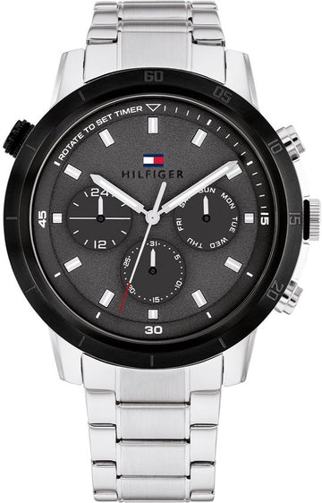 Tommy Hilfiger TH1792106 Troy Herenhorloge 46mm met zilverkleurige schakelband en zwarte wijzerplaat, ideaal voor stijlvolle mannen.