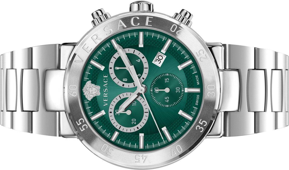 Versace Chronograaf Herenhorloge - Urban Mystique met groene wijzerplaat en zilverkleurige roestvrijstalen band, Swiss Made 43mm VEPY01021.