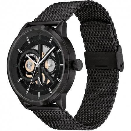 Calvin Klein CK25200214 Marquee Herenhorloge 43mm met zwart mesh horlogebandje en zichtbaar mechanisch uurwerk. Swiss Made herenhorloge met moderne uitstraling.