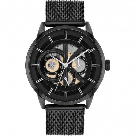 Calvin Klein CK25200214 Marquee Herenhorloge 43mm met zwart mesh horlogebandje en zichtbaar mechanisch uurwerk. Swiss Made herenhorloge met moderne uitstraling.