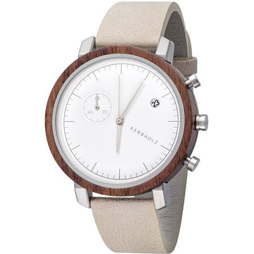 Kerbholz Houten Herenhorloge 45mm XL met witte wijzerplaat en walnoothouten bezel, stijlvol design voor moderne heren.