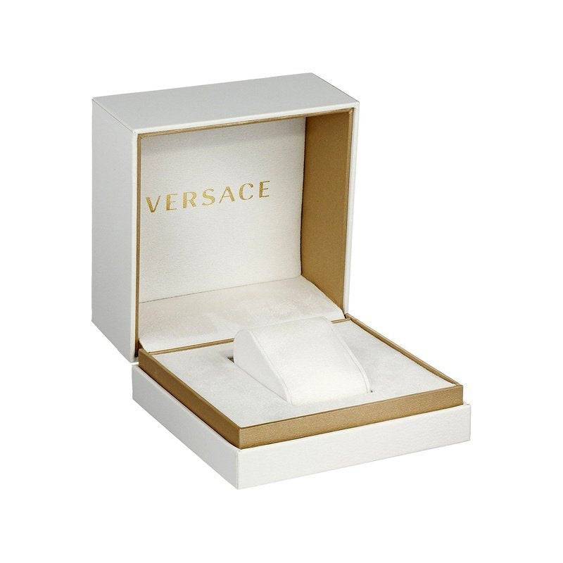 Luxe witte Versace horlogedoos met gouden interieur, ideaal voor het presenteren van het Versace Chronograaf Herenhorloge - Urban Mystique 43mm Swiss Made.