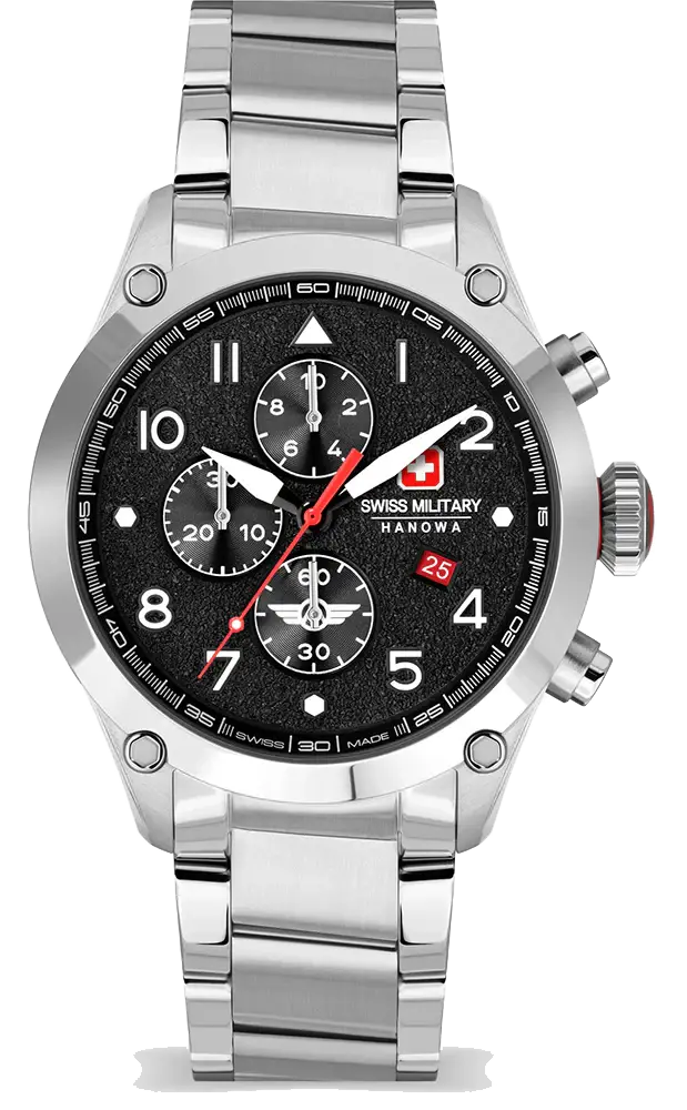 Swiss Military Hanowa Herenhorloge 44mm Nightflighter SMWGI2101501 met zwarte wijzerplaat en chronograaf. Stijlvol Swiss Made horloge voor heren.