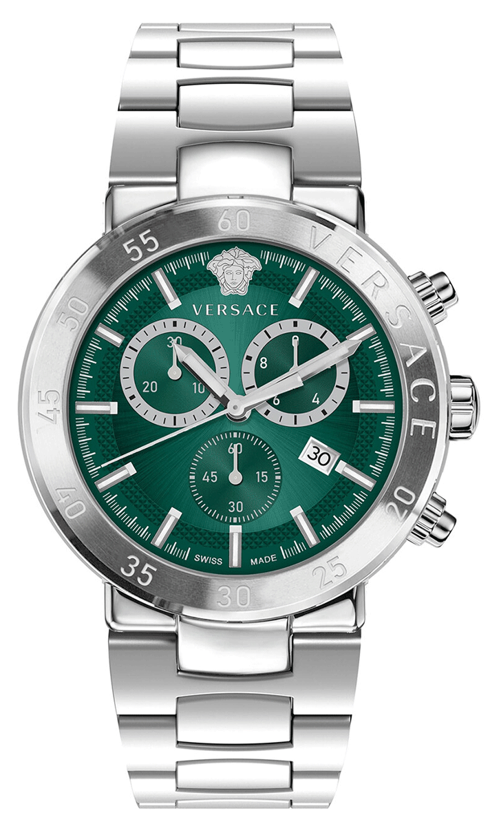 Versace Chronograaf Herenhorloge - Urban Mystique met groene wijzerplaat en zilverkleurige roestvrijstalen band, Swiss Made 43mm model VEPY01021.