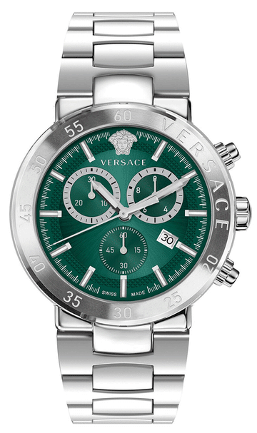 Versace Chronograaf Herenhorloge - Urban Mystique met groene wijzerplaat en zilverkleurige roestvrijstalen band, Swiss Made 43mm model VEPY01021.
