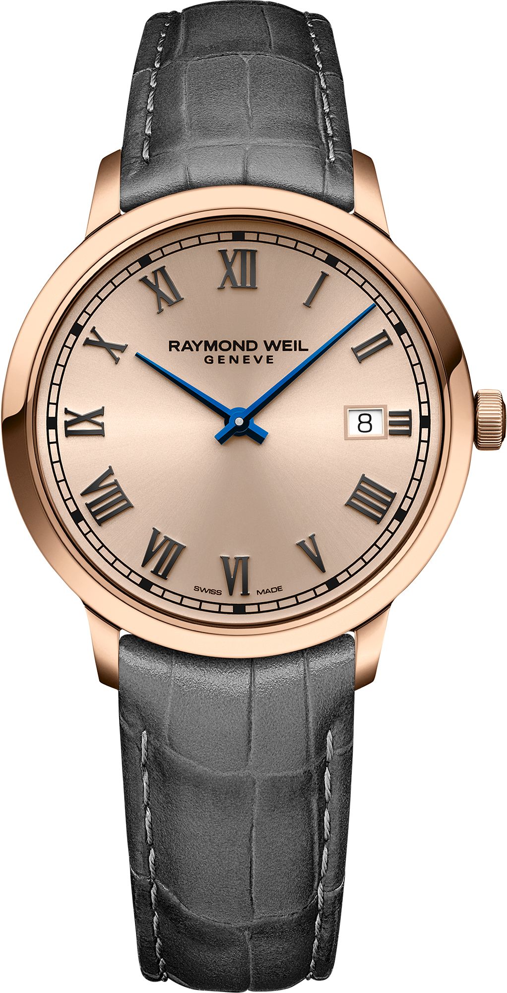 Raymond Weil Toccata dameshorloge kopen met roségouden kast, grijze leren band en Romeinse cijfers op een champagnekleurige wijzerplaat.