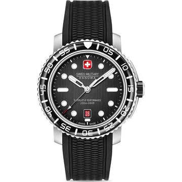 Swiss Military Hanowa Aqua Herenhorloge 43mm met zwarte wijzerplaat, duikring en rubberen band, waterbestendig tot 20 ATM.