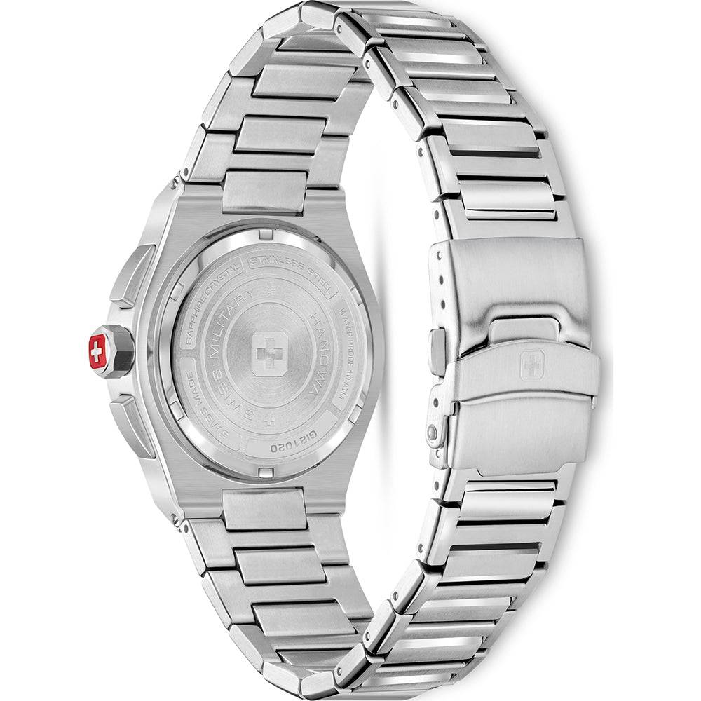 Swiss Military Hanowa SMWGI0000405 Thunderbolt Chrono herenhorloge 43mm met zwarte wijzerplaat en zilveren roestvrijstalen band. Sportief en robuust Swiss Made horloge voor heren, ideaal voor dagelijks gebruik of outdoor activiteiten.