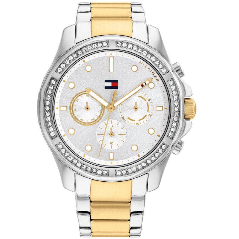 Tommy Hilfiger Brooklyn TH1782615 dameshorloge 40mm met zilverkleurige wijzerplaat, goudaccenten en edelstalen band. Luxe en sportieve stijl.
