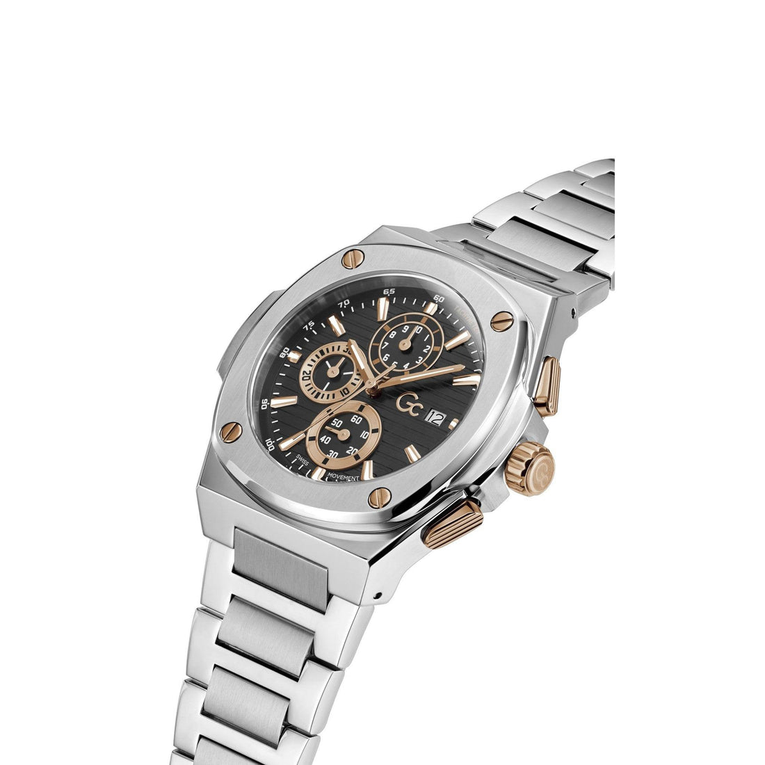 Gc Herenhorloge Shape 44mm Y99001G2MF met zilveren en roségouden accenten, chronograafwijzerplaat en roestvrijstalen band. Luxe Swiss Made horloge voor heren.