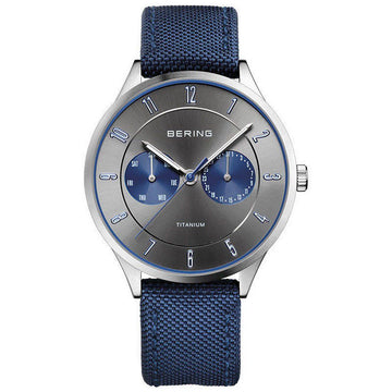 Bering Herenhorloge Grijs RVS & Blauwe Nato Band, Saffierglas, 37-40mm