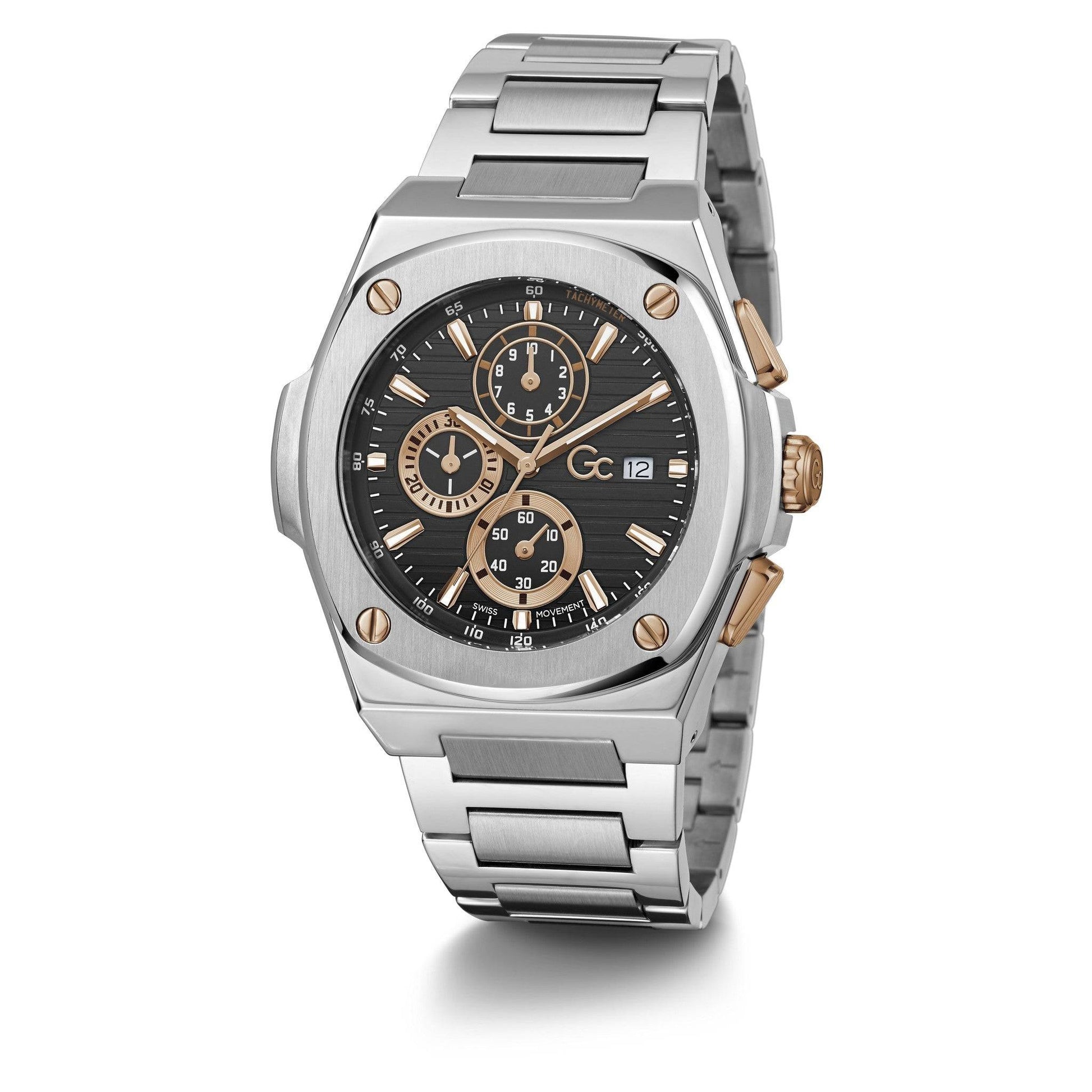 Gc Herenhorloge Shape 44mm Y99001G2MF met zilveren roestvrijstalen band en zwarte wijzerplaat met roségouden accenten. Luxe Swiss Made horloge voor heren.