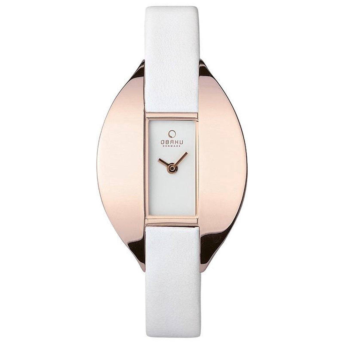 Obaku dameshorloge 28mm met wit leren bandje en roségouden ovale kast. Stijlvolle Denmark klok voor elegante dameslooks.