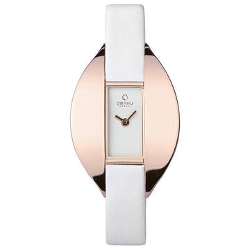Obaku dameshorloge 28mm met wit leren bandje en roségouden ovale kast. Stijlvolle Denmark klok voor elegante dameslooks.