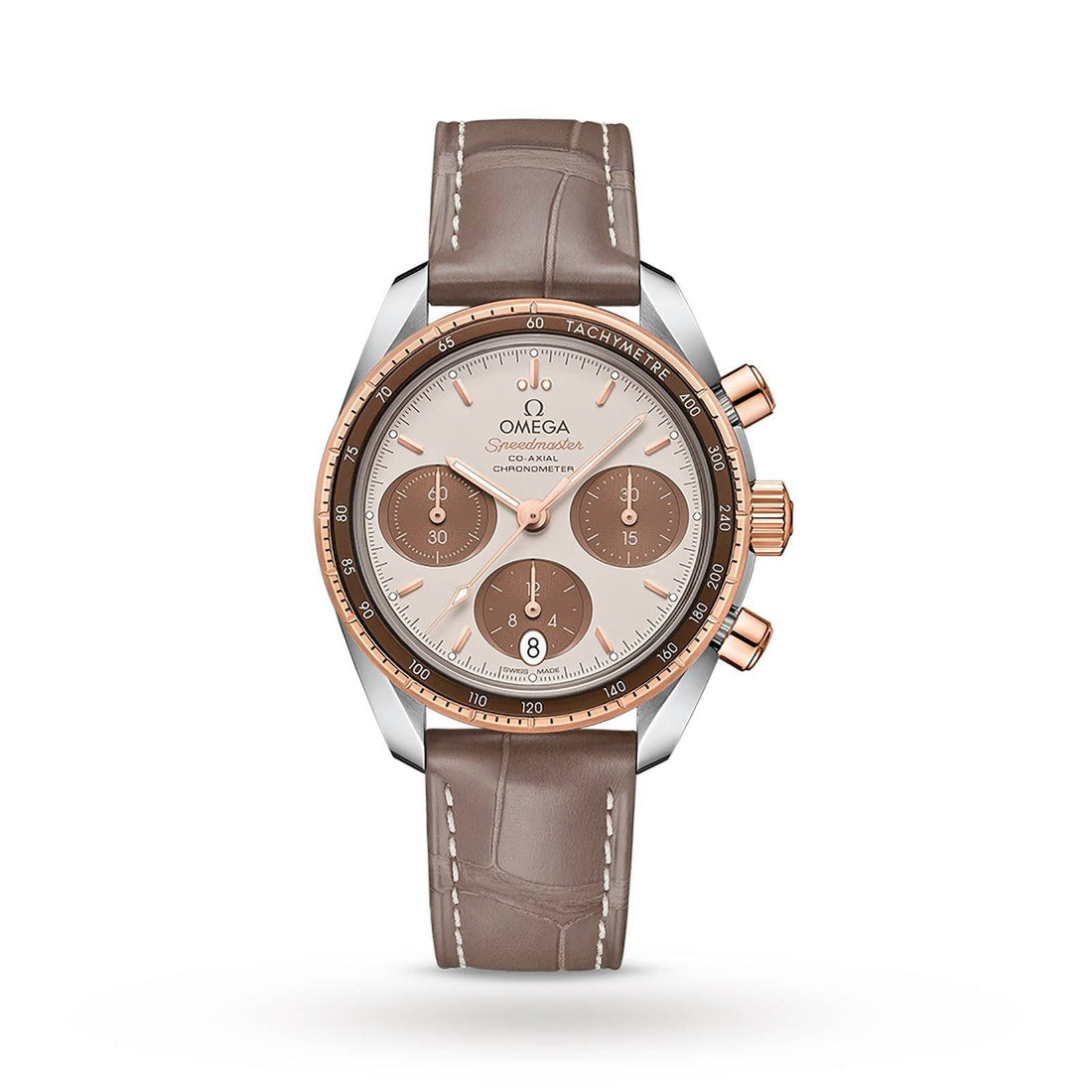 Omega Chronograaf 38 mm - Speedmaster dameshorloge met roségouden details, taupe leren band en Co-Axial uurwerk, model O32423385002002.