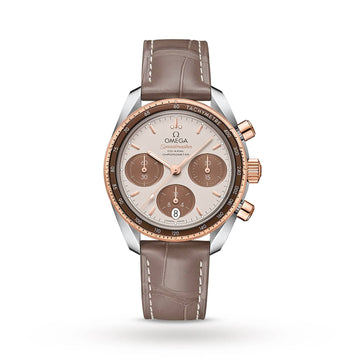 Omega Chronograaf 38 mm - Speedmaster dameshorloge met roségouden details, taupe leren band en Co-Axial uurwerk, model O32423385002002.