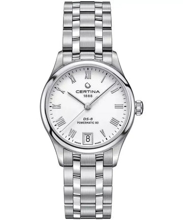 Certina DS-8 Lady Powermatic 80 C0332071101300 dameshorloge 31mm met zilverkleurige roestvrijstalen band en witte wijzerplaat, Swiss Made precisie.