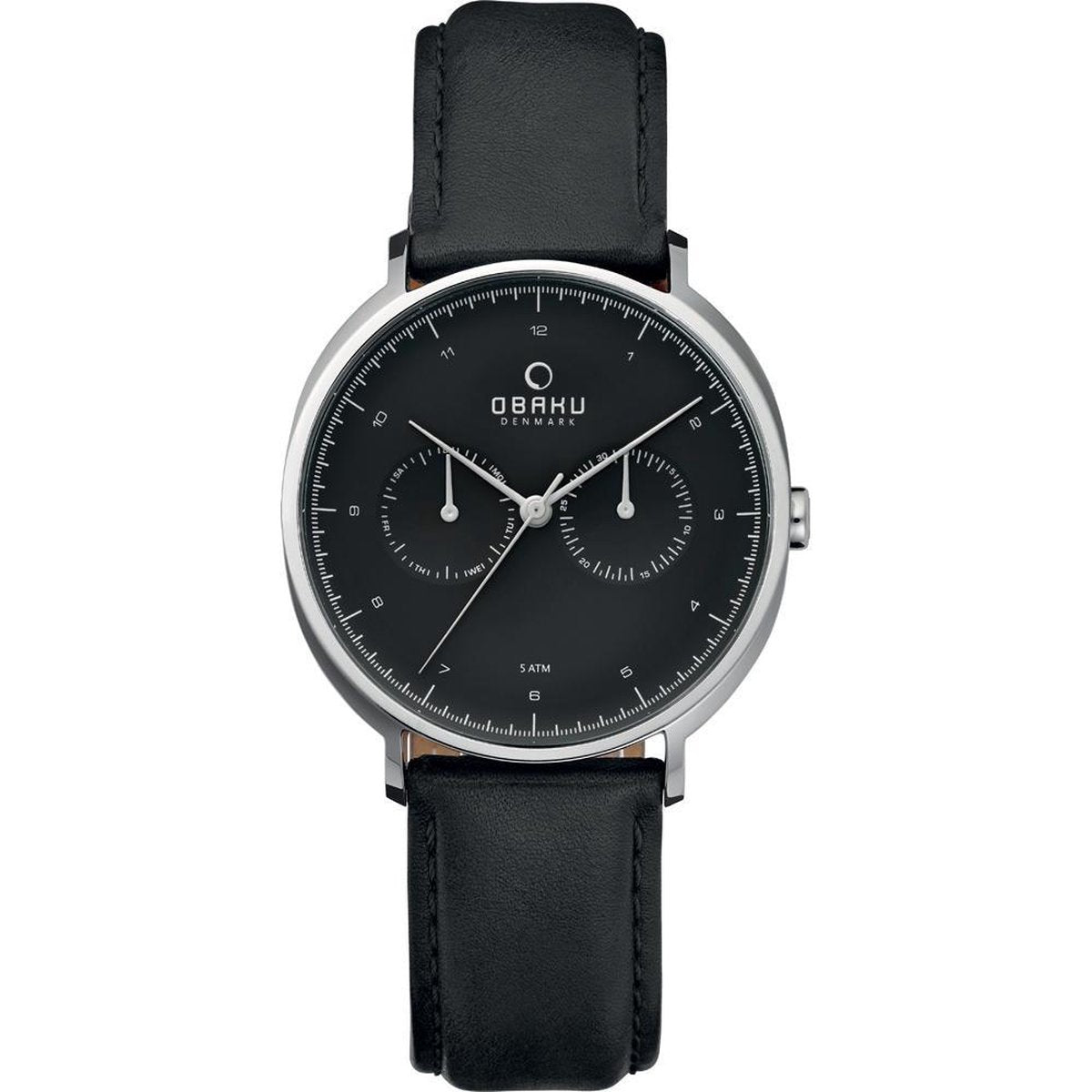 Obaku Denmark V193GM CBRB Herenhorloge 44mm met zwart-blauwe wijzerplaat en leren band, minimalistisch design voor moderne mannen.
