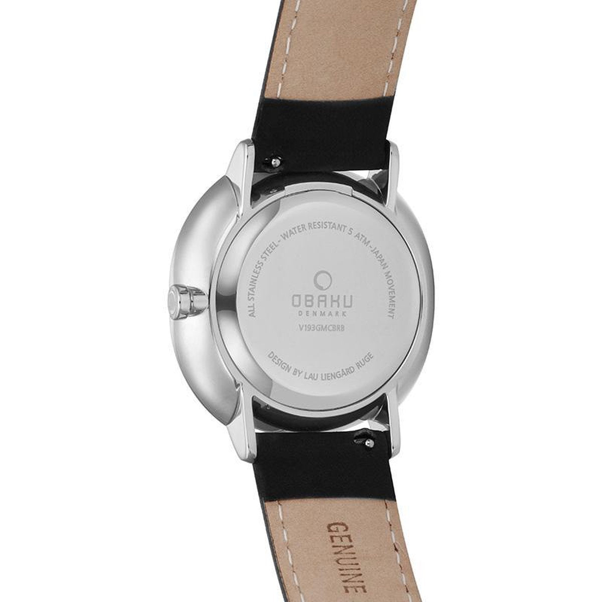 Achterkant van de Obaku Denmark V193GM CBRB Herenhorloge 44mm met roestvrijstalen kast en leren band. Waterbestendig en minimalistisch design.