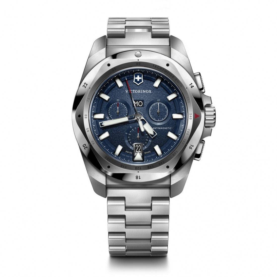 Victorinox I.N.O.X. Chronograaf Herenhorloge 241985 met blauwe wijzerplaat, roestvrijstalen band en 43mm kast, waterdicht tot 20 ATM. Luxe Swiss Made horloge voor heren in de categorie horloges.