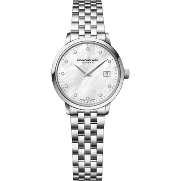 Raymond Weil Toccata 5988-ST-97081 dameshorloge 29mm met parelmoer wijzerplaat en diamanten uurmarkeringen. Elegant Zwitsers horloge met roestvrijstalen band.