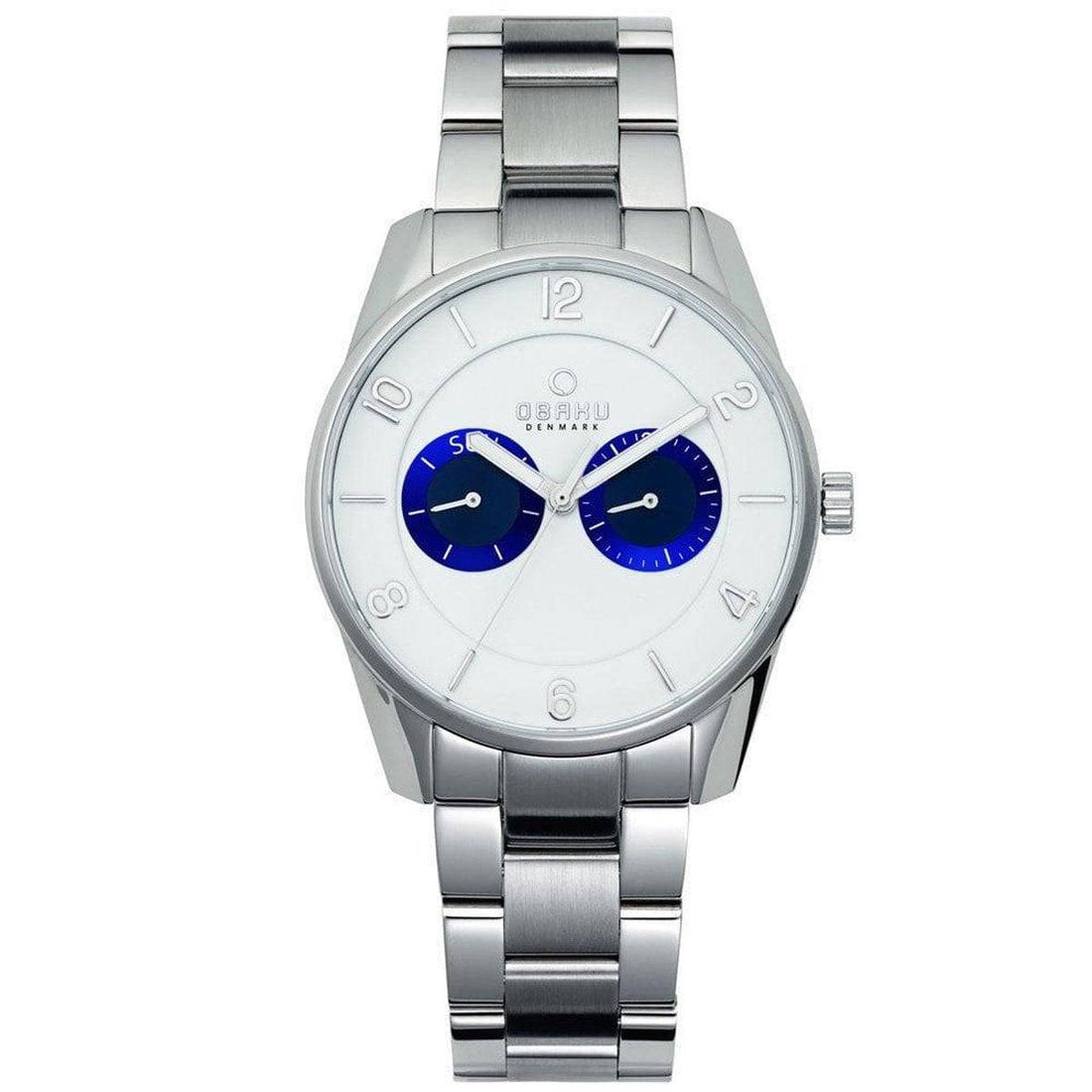 Obaku Denmark Herenhorloge 40mm - V171GM CWSC met zilverkleurige roestvrijstalen band en witte wijzerplaat met blauwe subdials. Elegant horloge voor heren.