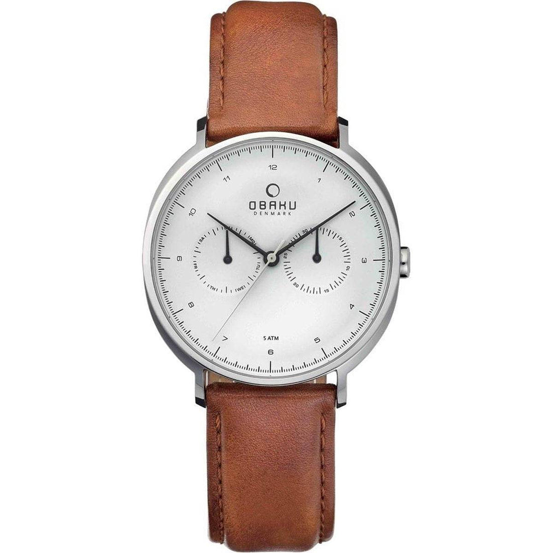 Obaku Denmark Herenhorloge 44mm V193GM CBRB met zilverkleurige wijzerplaat en bruine lederen band, ideaal voor een stijlvolle look.