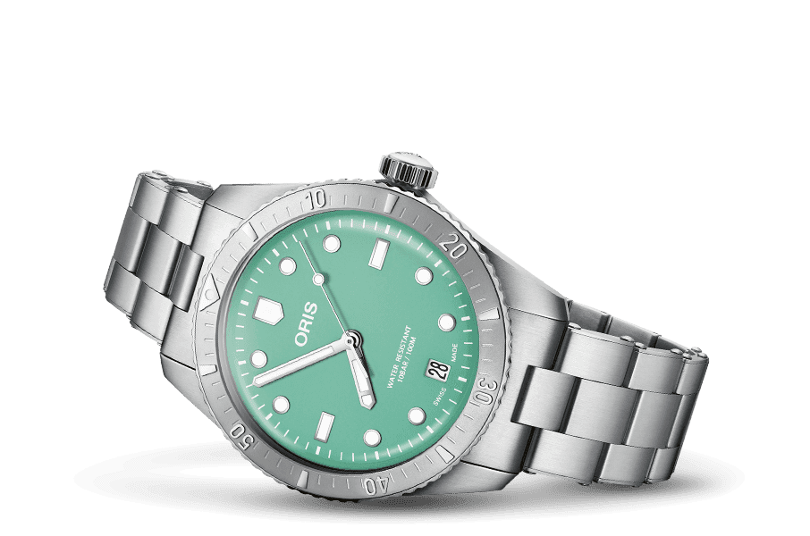 Oris Divers Sixty-Five Horloge 38mm met mintgroene wijzerplaat en roestvrijstalen band. Unisex Swiss Made horloge, perfect voor dames en heren.