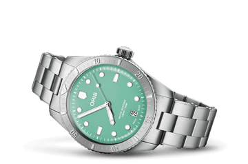 Oris Divers Sixty-Five Horloge 38mm met mintgroene wijzerplaat en roestvrijstalen band. Unisex Swiss Made horloge, perfect voor dames en heren.