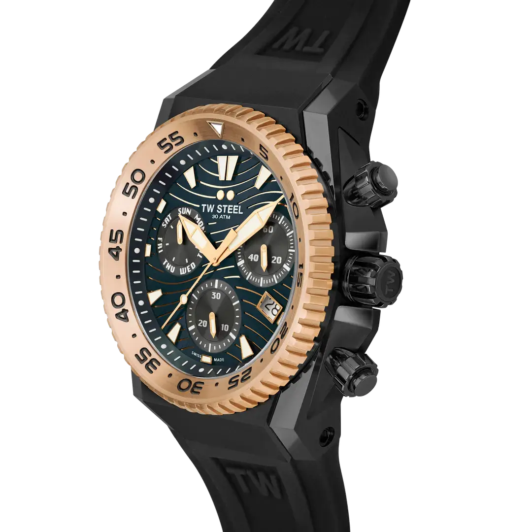 TW Steel Swiss Chronograaf Herenhorloge 44 mm met zwart rubberen band en roségouden bezel, limited edition duikhorloge voor heren.