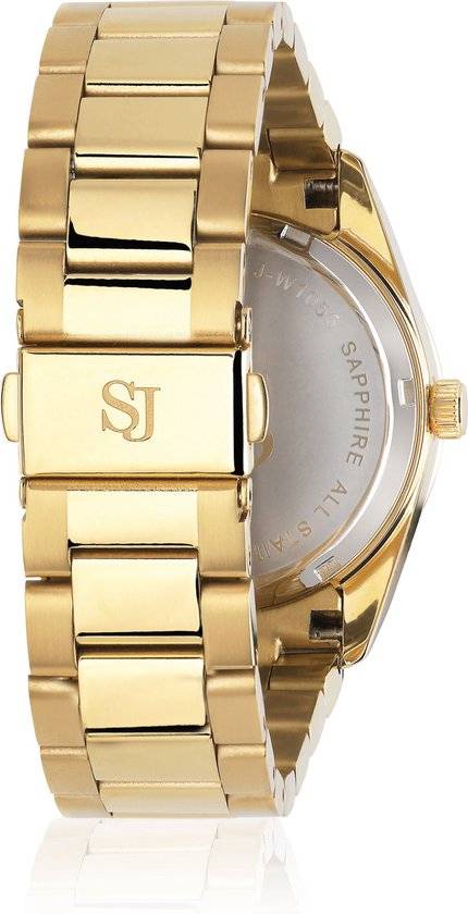 Achterzijde van de Sif Jakobs Electra SJ-W1052-CZ-YG dameshorloge, 36mm in geel goud met roestvrijstalen band en logo op de sluiting.