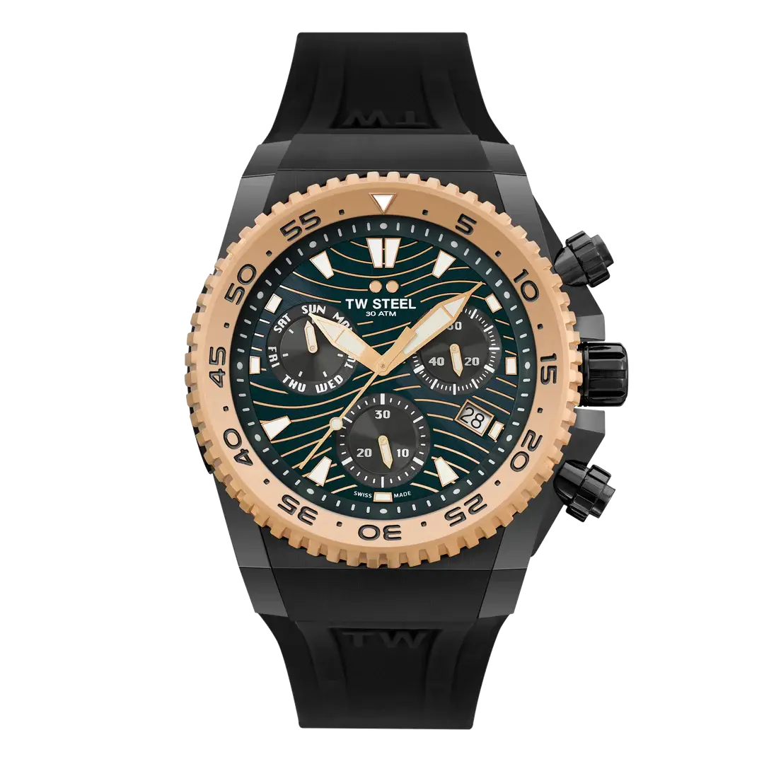 TW Steel Swiss Chronograaf Herenhorloge 44 mm met zwart rubberen band en goudkleurige bezel, limited edition duikmodel voor heren.