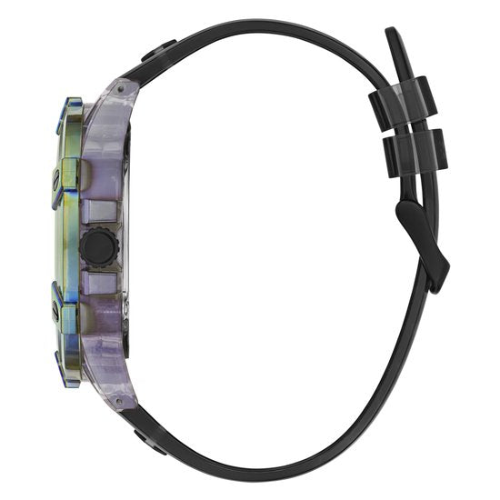 Zijaanzicht van de Guess Trend King Herenhorloge XL 48mm met transparante kast en zwarte siliconen band, ideaal voor een moderne look.