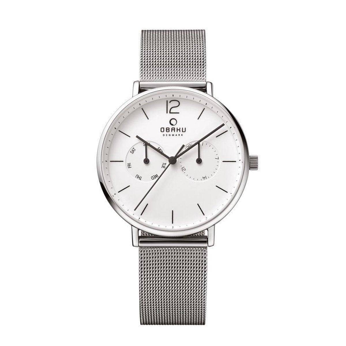Kopen Obaku Denmark Herenhorloge 40mm met zilveren mesh band en minimalistisch wit uurwerk. Elegant design voor elke gelegenheid.