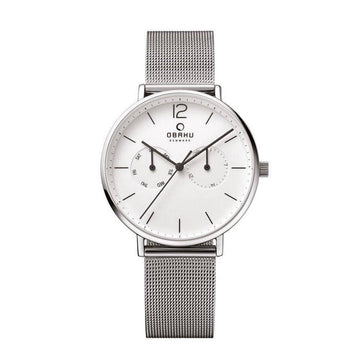 Kopen Obaku Denmark Herenhorloge 40mm met zilveren mesh band en minimalistisch wit uurwerk. Elegant design voor elke gelegenheid.