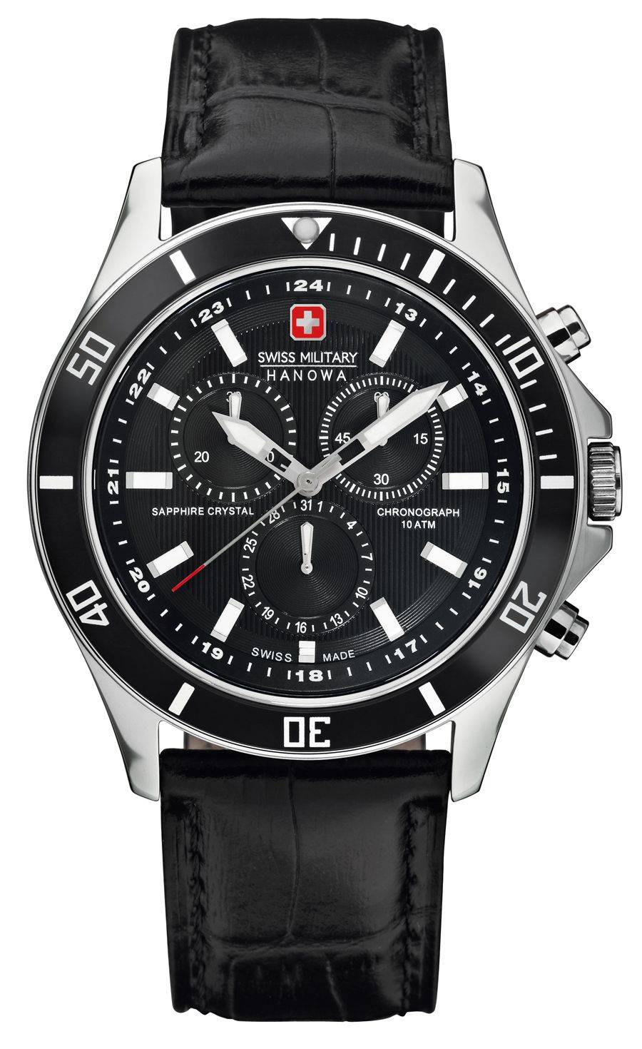 Swiss Military Horloge - Chronograaf 42mm voor heren met zwart leren bandje en zilverkleurige kast. Luxe Swiss Made herenhorloge met sportief design.