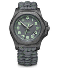 Victorinox INOX 241861 Carbon Paracord herenhorloge 43mm met robuuste carbon kast en groene paracord band. Swiss Made, waterbestendig tot 200m.