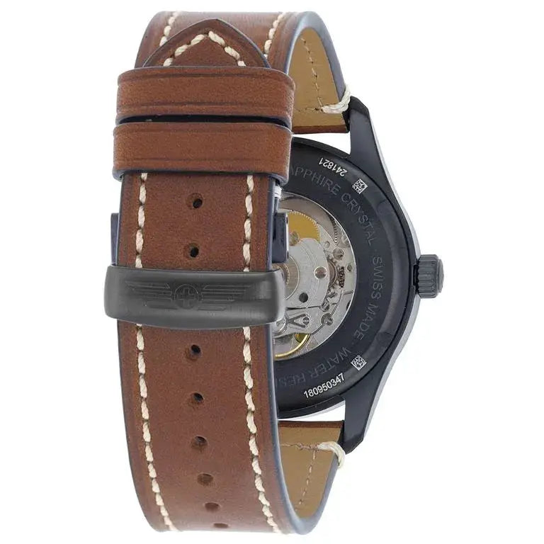 Achteraanzicht van de Victorinox AirBoss Mechanical 241821 Herenhorloge 42mm met bruin lederen band en zichtbare automatische uurwerkmechaniek.