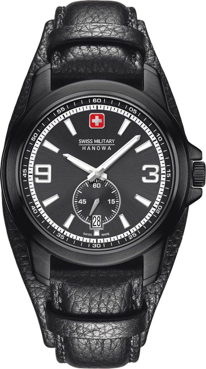 Swiss Military Hanowa horloge 42 mm kopen met zwart leren bandje en zwarte wijzerplaat. Stijlvol herenhorloge met datumweergave en Zwitsers uurwerk.