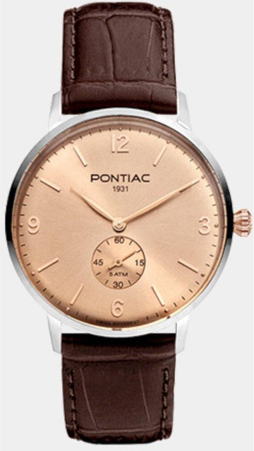 Pontiac Herenhorloge 40mm met roségouden wijzerplaat en bruine lederen band, Swiss Made precisie voor stijlvolle mannen.