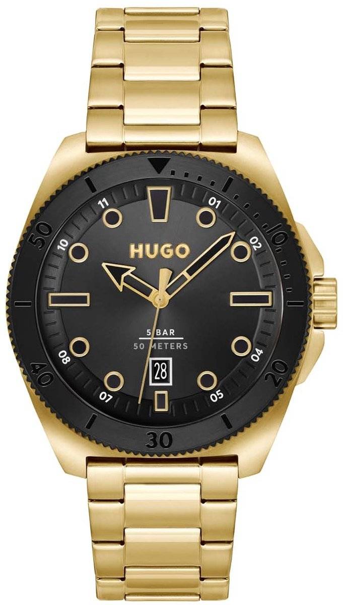 Hugo Boss Orange horloge HU1530304 44mm Heren met goudkleurige schakelband en zwarte wijzerplaat, ideaal voor stijlvolle gelegenheden.