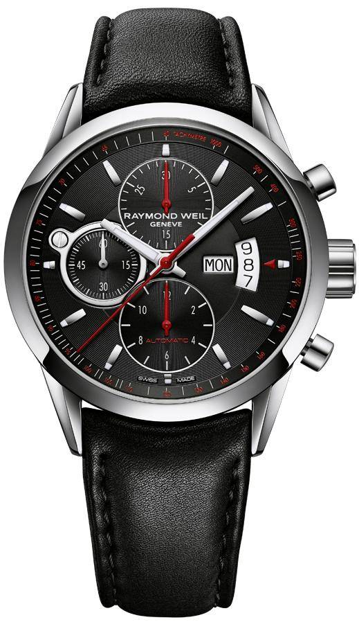 Raymond Weil Freelancer 42mm horloge met zwarte wijzerplaat, chronograaf en leren band. Luxe Swiss Made herenhorloge voor elke gelegenheid.