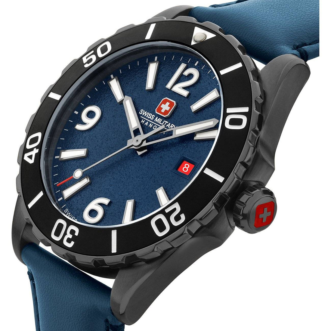 Swiss Military Hanowa Land SMWGB0000250 Carbon Peak heren horloge met blauwe wijzerplaat en leren band. Swiss Military Hanowa horloge online kopen voor stijlvolle en duurzame accessoires.