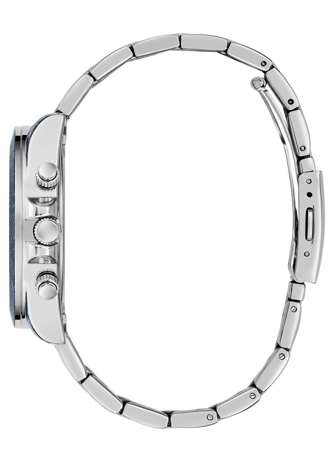 Zijaanzicht van de Guess Horloge GW0750L1 met 38mm kast en indigoblauwe wijzerplaat. RVS dameshorloge met quartz uurwerk en waterdicht tot 5 ATM.
