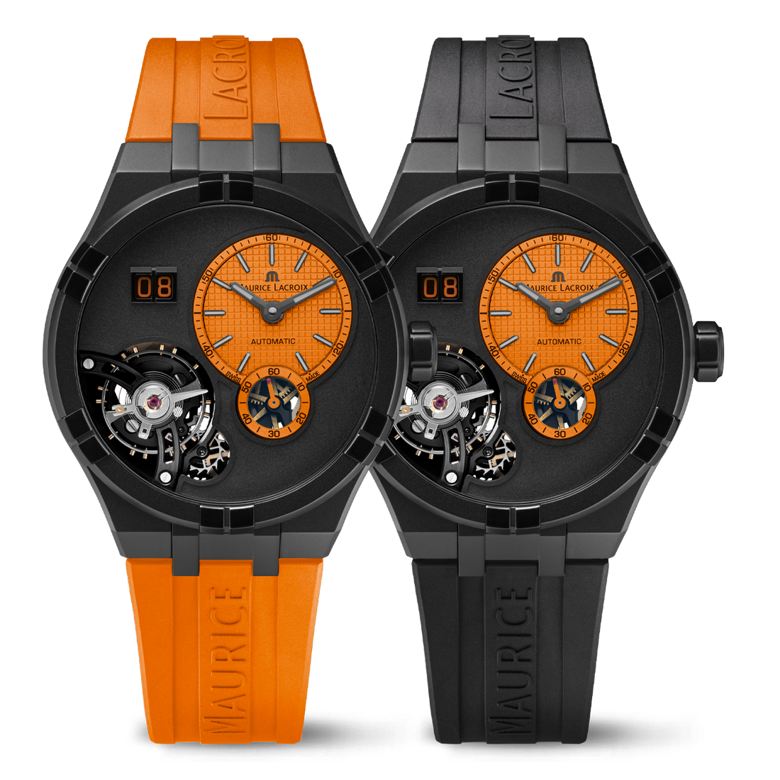 Maurice Lacroix Aikon Master Herenhorloge 45mm met oranje rubberen band en opengewerkte wijzerplaat, Swiss Made automatisch uurwerk.