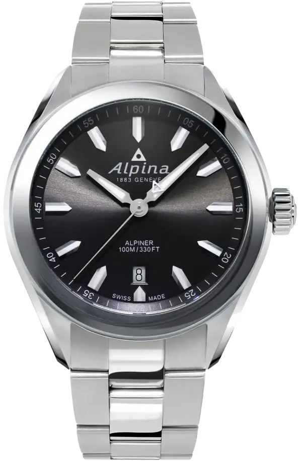 Alpina Alpiner Quartz AL-240GS4E6B herenhorloge 42mm met roestvrijstalen band en zwarte wijzerplaat. Swiss Made, stijlvol en nauwkeurig.