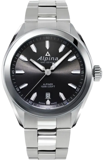 Alpina Alpiner Quartz AL-240GS4E6B herenhorloge 42mm met roestvrijstalen band en zwarte wijzerplaat. Swiss Made, stijlvol en nauwkeurig.